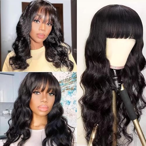 Echthaar Perücke mit Pony für Frauen Brazilian Body Wave Human Hair Wig with Bangs for Women Wear And Go Glueless Wig Human Hair Echthaar Perücke Schwarz Mit Pony 150% Dichte 16 Zoll von Tmbitto