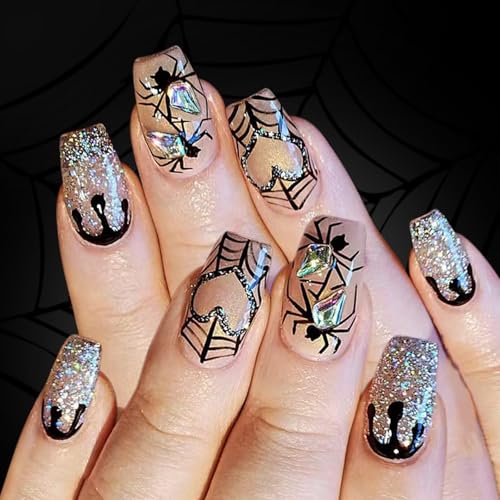 24pcs Square Französische Tipps Gefälschte Nägel Acryl Spiders Web Stick On For Women Halloween Press Auf Geschenken Square Falsch Nagel von Tmboryuu