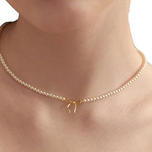 Tmboryuu Elegante Handgefertigte Perlen Bowknot Anhänger Halskette Mit Perlendetails Und Gold Oder Silberbeschichtung Für Frauen Wahres Gold Oder Silberhalterungs Halskettendesign von Tmboryuu