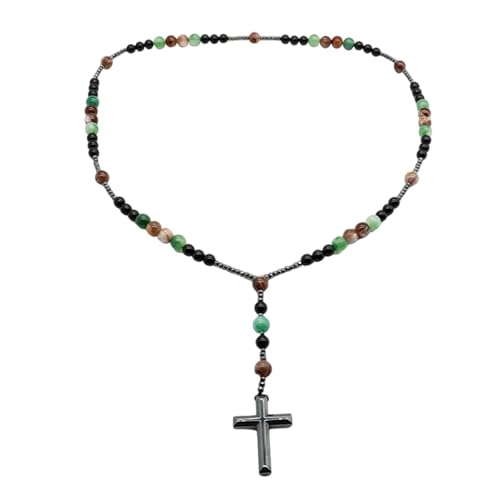 Tmboryuu Herren Schwarz Brauner Perlenkette Mit Robusten Kreuzen Mit Religionsymbol Unisex Spiritueller Halskette Natursteinkreuze von Tmboryuu