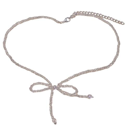 Tmboryuu Neckchain Bogen Perlen Halskette Bogenknoten Anhänger Schlüsselbein Kette Französische Kollarbone Kette Für Frauen Mädchen Verspielte Bogenzubehör von Tmboryuu