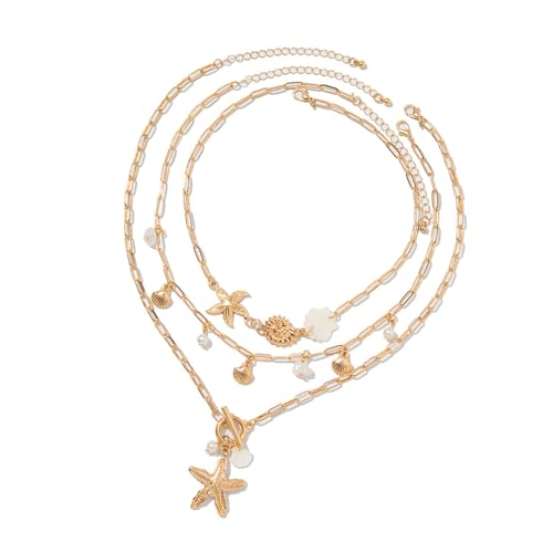 Tmboryuu Seesterne Schale Perlen Stapelbare Halskette Gold Schlüsselbeutel Kette Schmuck Set Für Frauen Strandpartys Heiße Tag Accessoires Sommerstarfischschalen Halsketten Für Frauen von Tmboryuu
