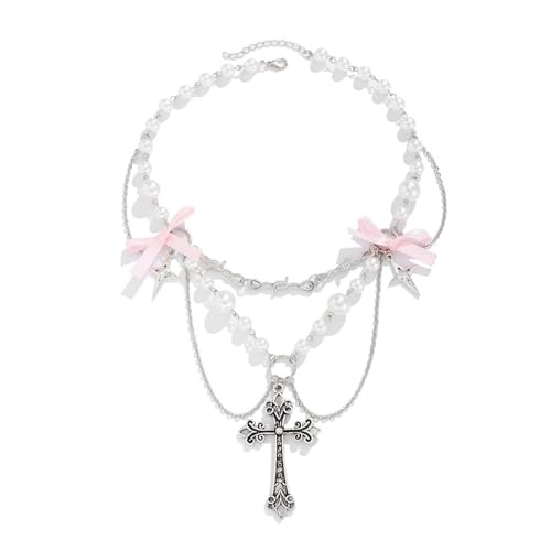 Tmboryuu Süßer Und Cooler Bowknot Halskoker Einzigartige Kreuze Anhänger Halskette Mit Perlen Und Bogenknoten Für Eine Modische Statement Trendy Halskette von Tmboryuu