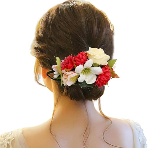 Blumen-Metall-Haarseitenkämme, Schiebe-Haarspangen mit Zähnen, florale Haarschleifen, Haarnadeln, Griffe, Haarspangen, Klemmen, Kopfbedeckungen für Frauen Mädchen Einfädelhilfe (Red-B, One Size) von Tmianya