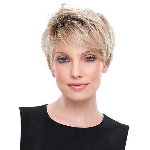 Kurze Gerade Blonde Bob-Perücke, Synthetik-Perücken, Natürlicher Look, Perücken für Frauen mit Perückenkappen Perücke Blond Halblang Hair Wig Echthaar Perücke Kurz Bob Perücken (Silver, One Size) von Tmianya