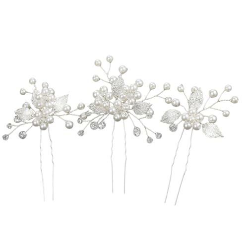 Perlen-Braut-Hochzeits-Haarnadeln, Blatt-Braut-Kopfschmuck, Blumen-Haarschmuck für Frauen Mädchen (3er-Pack) Haarspangen Klein Silber (Silver, One Size) von Tmianya