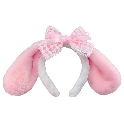 Rosa Kaninchen Plüsch Ohren Stirnband Kaninchen Ohren Schleife Haar Hoop Pelzige Hase Ohr Kopfbedeckung Für Mädchen Frauen Kostüm Cosplay Party Haarspangen Damen Silber (Pink, One Size) von Tmianya