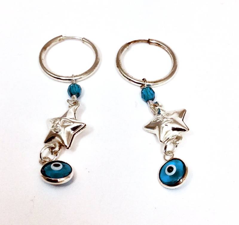 Ohrringe, Sterling Silber Mit Sternen, Swarovski Blaue Perlen Und Böser Blick, Durchbohrt von Tmlccreations