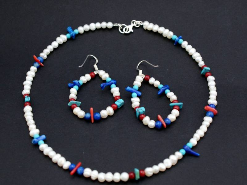 Set, Perlen Süßwasser, Halskette Und Ohrringe Silber 925, Koralle, Türkis Lapis-Schmuck, Handarbeit von Tmlccreations