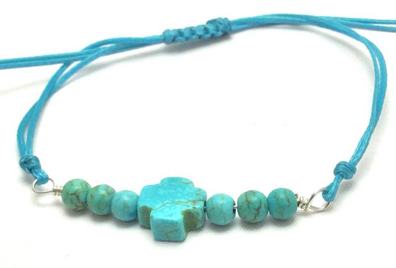 Türkis-Kreuz-Armband, Gewachster Schnurarmband, Silber Armband, Verstellbar Und Stapelbare Makramee-Armband, Schmuck, Zugunsten von Tmlccreations