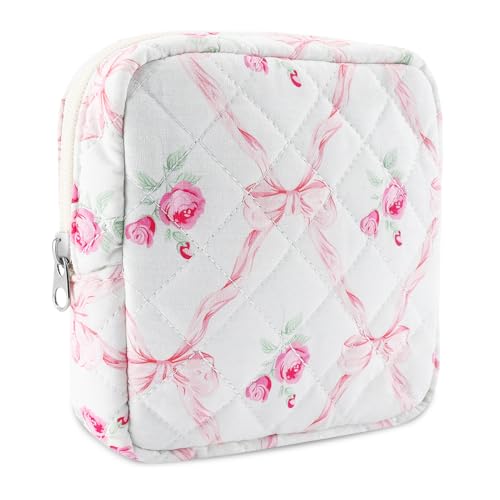 Tmtains Kleine Make-up-Tasche für Geldbörse, Mini-Baumwolle, gesteppt, Kosmetiktasche für Damen, niedliche rosa Schleife, Make-up-Tasche, tragbare Reise-Kulturbeutel mit Reißverschluss, Damenbinde Tmtains Kleine Make-up-Tasche für Geldbörse, Mini-Baumwolle, gesteppt, Kosmetiktasche für Damen, niedliche rosa Schleife, Make-up-Tasche, tragbare Reise-Kulturbeutel mit Reißverschluss, Damenbinde von Tmtains