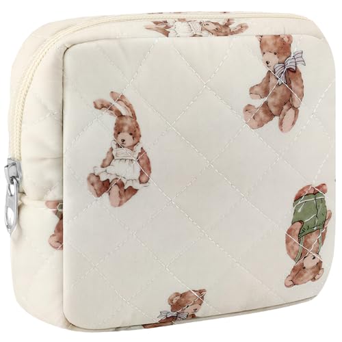 Tmtains Kleine Make-up-Tasche für Geldbörse, Mini-Baumwolle, gesteppt, Kosmetiktasche für Damen, niedliche rosa Schleife, Make-up-Tasche, tragbare Reise-Kulturbeutel mit Reißverschluss, Damenbinde von Tmtains