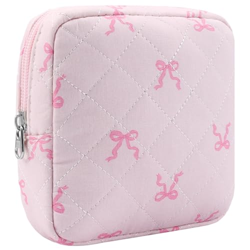 Tmtains Kleine Make-up-Tasche für Geldbörse, Mini-Baumwolle, gesteppt, Kosmetiktasche für Damen, niedliche rosa Schleife, Make-up-Tasche, tragbare Reise-Kulturbeutel mit Reißverschluss, Damenbinde von Tmtains