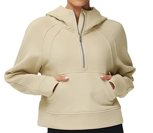 Tmustobe Damen-Kapuzenpullover mit halbem Reißverschluss, langärmelig, mit Fleece gefüttert, Sweatshirts, Lounge, athletisch, bauchfrei, mit Tasche, khaki, L von Tmustobe