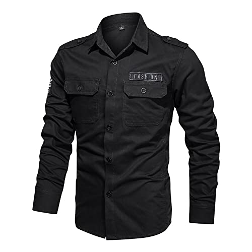 Causal Shirt Herren Einfarbig Slim Fit Revers Langarm Shirt Herren Frühling Mit Taschen Mode Shirt Herren Gutaussehend All-Match Shirt Outdoor Herren C-Black1 XL von TnmZi