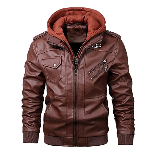 Kaputzen Jacke Herren Frühling Vintage Lederjacke Herren Mode Reißverschluss Dekoration Motorradjacke Herren Trend Mehrere Taschen Winddichte Jacke Männer A-Wine Red 3XL von TnmZi
