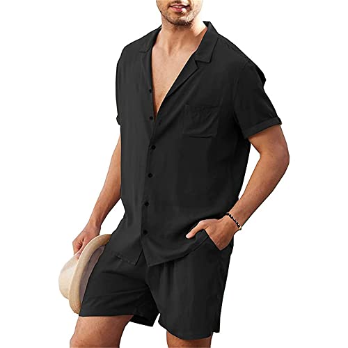 TnmZi Causal Shirt Herren Set Lose Sommer Kurzarm Herren Kurze Hose 2-Teiliges Set Einfarbig Komfortabel Leinenhemd Herren Einfachheit Urlaub Tops Herren B-Black XL von TnmZi
