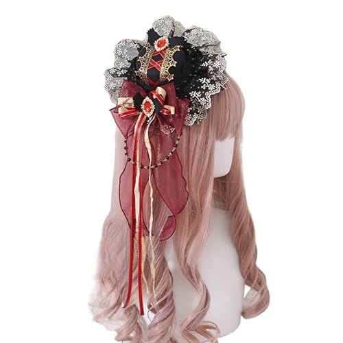 Tnxpumi Damen Lolita Bronzing Gothic Top Flacher Hut Dienstmädchen-Kopfschmuck Cosplay Kopfbedeckung Stirnband (schwarz-rote Kappe) von Tnxpumi