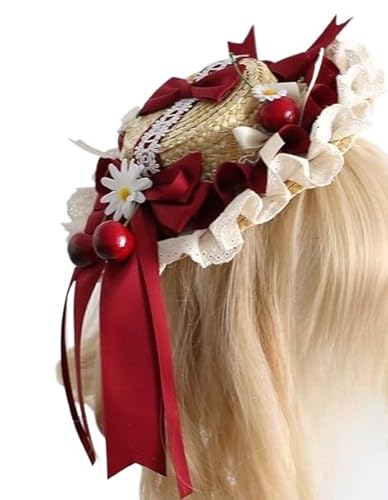 Tnxpumi Damen Lolita Sweet Lace Bow Knot Cla Pastoral Lo Cherry Cake Stirnband Dienstmädchen Cosplay Kopfschmuck Kopfbedeckung (oberer flacher Strohhut) von Tnxpumi