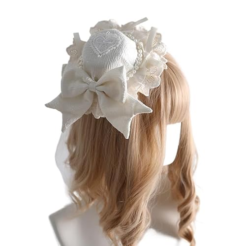 Tnxpumi Damen Lolita süße Spitze Ballett Schleife Cla Top flacher Hut Dienstmädchen Kopfschmuck Cosplay Kopfbedeckung (beige) von Tnxpumi