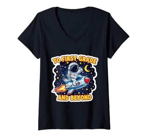 Damen In die erste Klasse und darüber hinaus: Space Lover Astronaut School für Jungen T-Shirt mit V-Ausschnitt von To First Grade And Beyond Boys Products