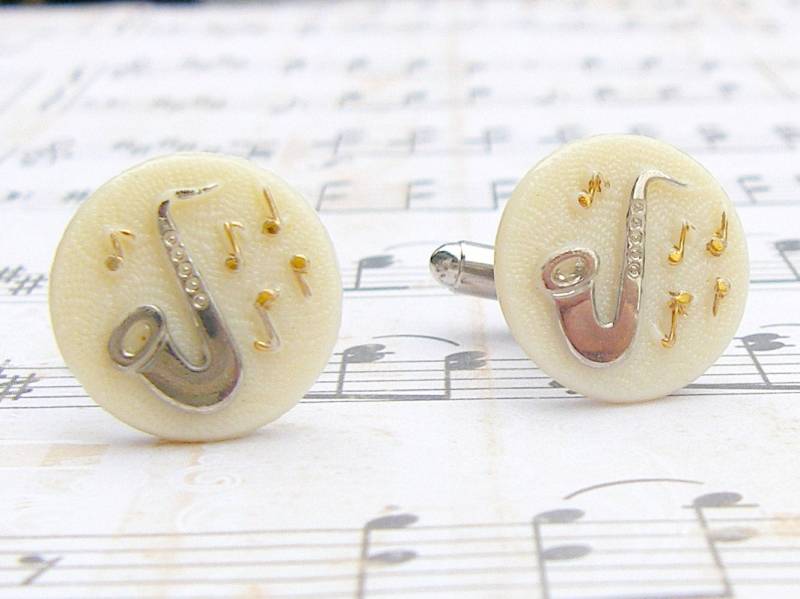 Saxofon Manschettenknöpfe - Let The Music Flow Collection Vintage Glas Manschettenknöpfe, Hochzeit, Papa Geschenk von ToastedCoconutStudio