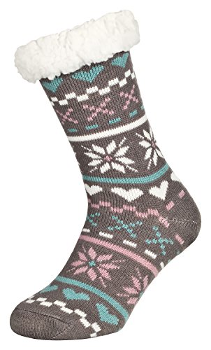 Tobeni 1 Paar Damen Hüttensocken ABS Socken Kuschelsocken mit Anti-Rutsch Noppen Sohle Grösse One Size Farbe Love Grau von Tobeni