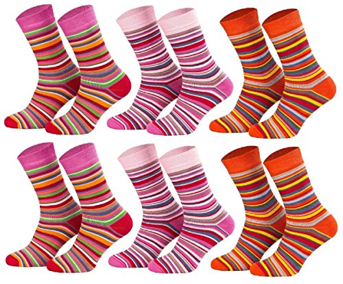 Tobeni 6 Paar Kindersocken Ringel mit Frotteefutter Thermo Socken für Jungen und Mädchen bunt orange Farbe 2x Rot 2x Pink 2x Terrakotta Grösse 31-34 von Tobeni