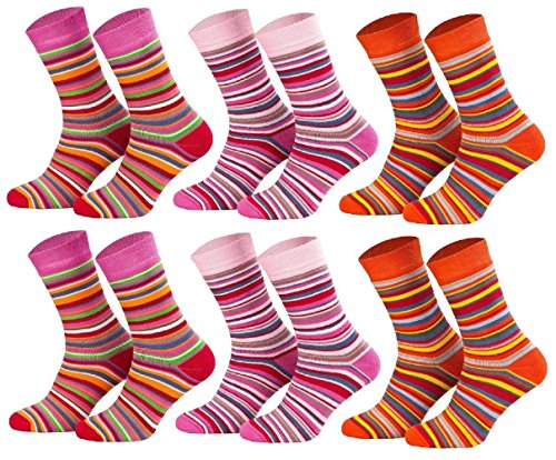Tobeni 6 Paar Kindersocken Ringel mit Frotteefutter Thermo Socken für Jungen und Mädchen bunt orange Farbe 2x Rot 2x Pink 2x Terrakotta Grösse 27-30 von Tobeni