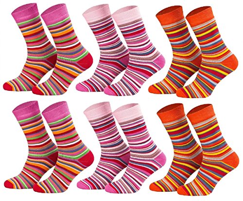 Tobeni 6 Paar Kindersocken Ringel mit Frotteefutter Thermo Socken für Jungen und Mädchen bunt orange Farbe 2x Rot 2x Pink 2x Terrakotta Grösse 39-42 von Tobeni