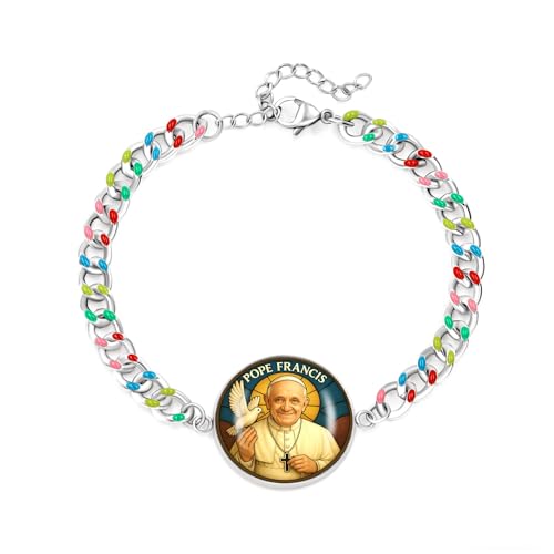 Tobestu Buntes Emaille-Kubanisches Kettenarmband mit Papstanhänger – Runder Papst-Charme – Katholischer Glaubensschmuck YA5960 von Tobestu