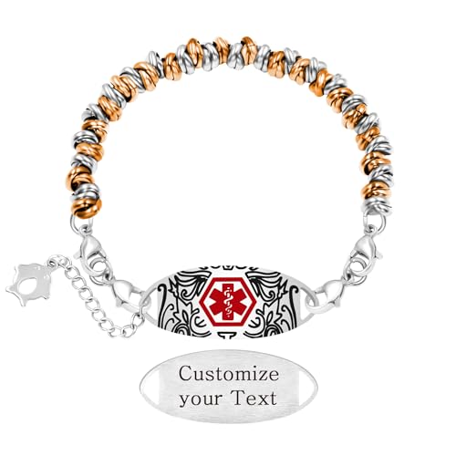 Tobestu DIY-Medizinarmband mit orange-weißer gravierter Rundgliederkette – Eigener Text auf der Medizinplatte YA5541 von Tobestu