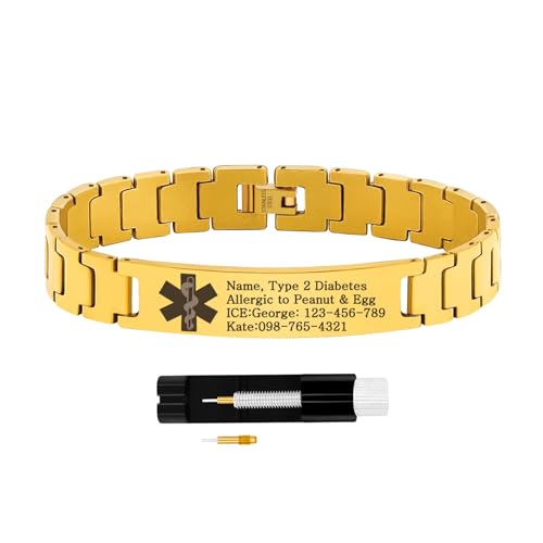 Tobestu Damen-ID-Armband Edelstahl | Personalisierbar mit Gravur | Vergoldetes Alarmband aus Titanstahl | Medic-Armband für Frauen | Inkl. Link-Entferner Y5310 von Tobestu