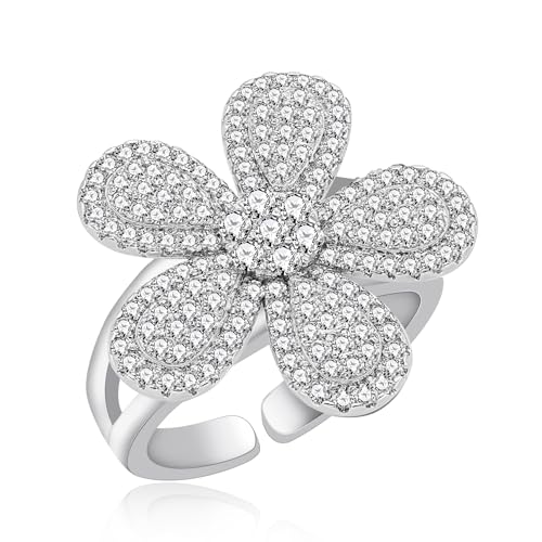 Tobestu Fünfblättriger Funkelnder Zirkonia Blumen Ring - Geteilte Ringschiene Cocktail Statement Schmuck für Damen YA6263 von Tobestu