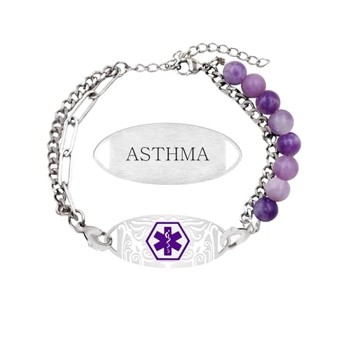 Tobestu Lepidolith Asthma Medizinischer Alarm Armband - Einstellbares Doppel-Layer-Design Armband für Frauen mit Lasergravur YA5493 von Tobestu