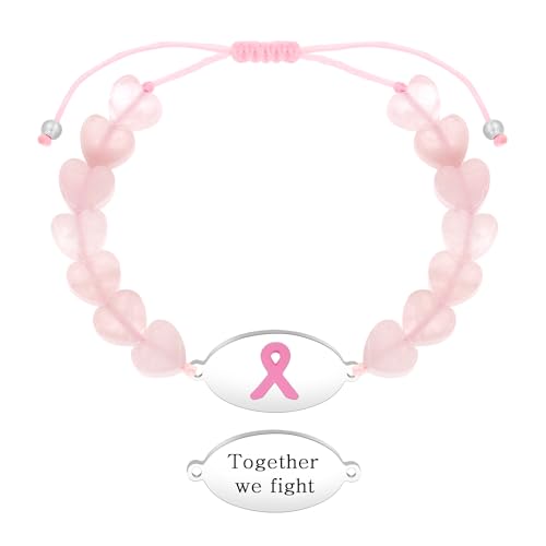 Tobestu Pink Ribbon Gemeinsam Kämpfen Wir Brustkrebs Armband - Natürlicher Rosenquarz Herz Ketten Verstellbarer Schmuck YA6219 von Tobestu