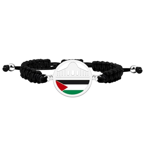 Tobestu Platinbeschichtetes Palästina-Flaggen-Armband – Verstellbares Schwarzes Polyesterseil Moschee-Kuppel Anhänger Schmuck YA6014 von Tobestu