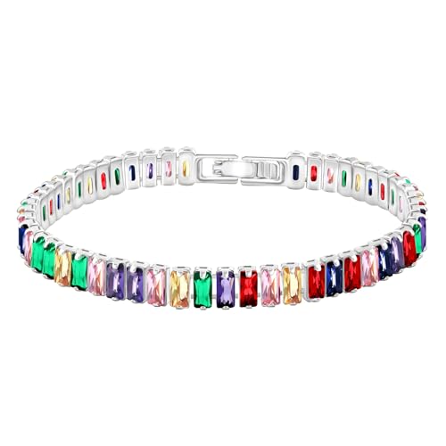 Tobestu Platinbeschichtetes Rechteck CZ Tennisarmband - Regenbogenfarbiger Zirkonia Stil für Party und formelle Anlässe (Größe 19CM) YA4537 von Tobestu