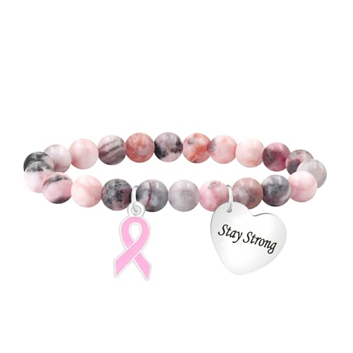Tobestu Stay Strong Pinkes Zebra-Stein Motivations-Perlenarmband – Edelstahl Herzanhänger mit Schleifen-Design YA6033 von Tobestu