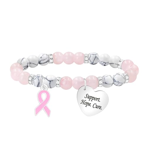 Tobestu Support Hope Weißer Türkis Rosenquarz Perlenarmband – Pinkes Emaille-Schleifenanhänger Design YA6033 von Tobestu
