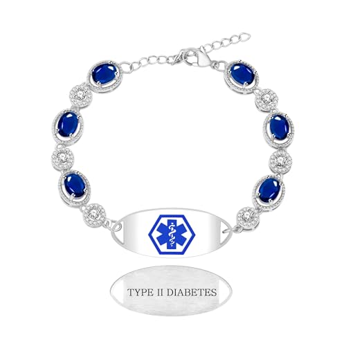 Tobestu Typ-2-Diabetes Medizinisches Armband – Platinbeschichtetes Notfall-ID-Armband – Blauer Zirkonia Medizinischer Alarm-Schmuck – YA5732 von Tobestu