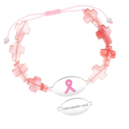 Tobestu Unzerbrechliche Seele Wassermelonenstein Kreuz Perlen Armband - Motivationales Pink Ribbon Brustkrebs Schmuck YA6219 von Tobestu