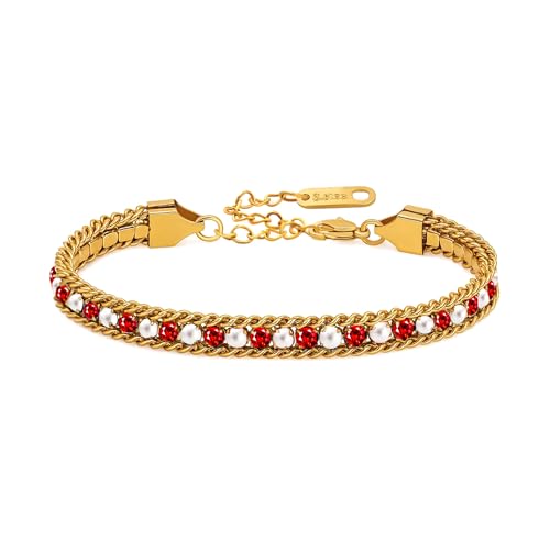 Tobestu Vergoldetes Rotes Zirkonia-Kunstperlenarmband – Feines Braut-Tennisarmband YA6107 von Tobestu