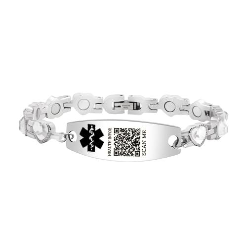 Tobestu Weißes Zirkonia-QR-Code-Armband – Scannbares ID-Etikett mit Herzgliederkette zur Notfallidentifikation – YA5706 von Tobestu