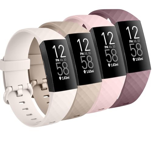 Tobfit Silikon-Ersatzarmbänder für Damen und Herren, kompatibel mit Fitbit Charge 4 / Fitbit Charge 3 und Charge 3 SE, 4 Stück, Pink Sand/Starlight/Beige/Mauve Lila, Größe L von Tobfit
