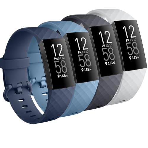 Tobfit Silikon-Ersatzarmbänder für Fitbit Charge 4 / Fitbit Charge 3 und Charge 3 SE, 4 Stück, für Damen und Herren, Blau/Hellgrau/Mitternacht/Blaugrau, Größe L von Tobfit
