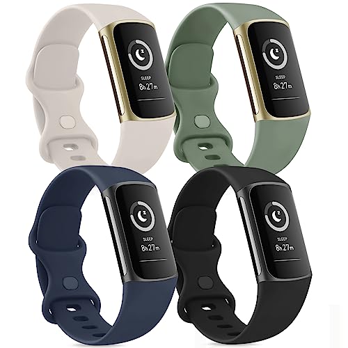 Tobfit Silikonbänder kompatibel mit Fitbit Charge 5 Bänder für Damen und Herren, kompatibel mit Charge 5 Advanced Fitness Tracker (4 Stück) groß, (Schwarz/Sternenlicht/Abyss Blue/Salbeigrün) von Tobfit