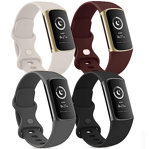 Tobfit Silikonbänder kompatibel mit Fitbit Charge 5 Bänder für Damen und Herren, kompatibel mit Charge 5 Advanced Fitness Tracker (4 Stück) groß, (schwarz/dunkelgrau/rotbraun/starlight) von Tobfit