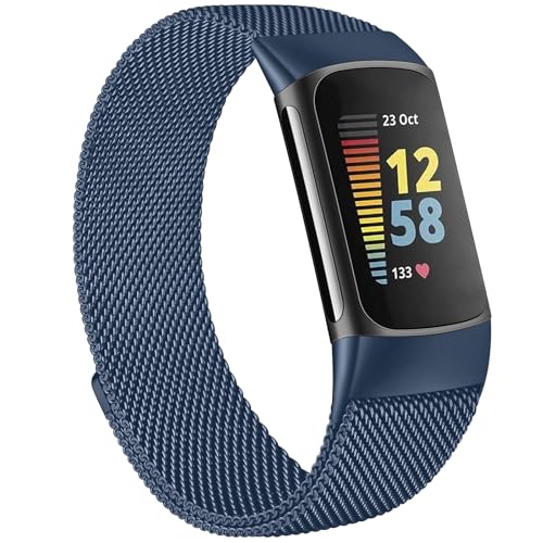 Tobfit Armband für Fitbit Charge 5 Armband für Herren Damen,Edelstahl Metall Magnetisches Mesh Ersatzbänder für Fitbit Charge 5(Blau) von Tobfit