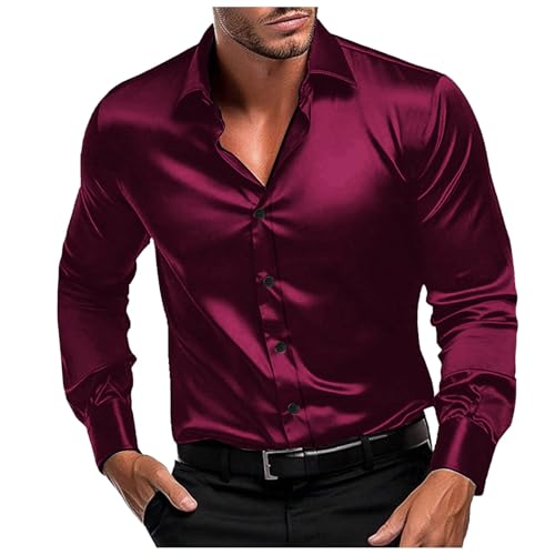 Tobysper Hemd Herren Glänzend Langarmhemd Reine Farbe Smokinghemd Frezeit Business Hemd für Party Nachtclub LäSsig Slim Fit GläNzendes Hemd Luxus Seide wie Satin Hemd Revers Mode Shirt von Tobysper